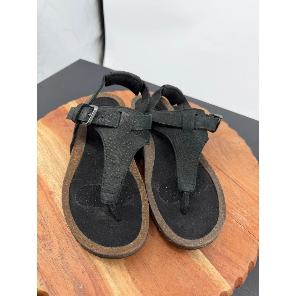Teva Mahonia Wedge Thong Sandal Womens 8 Black Leather Cork Strappy 1116685
